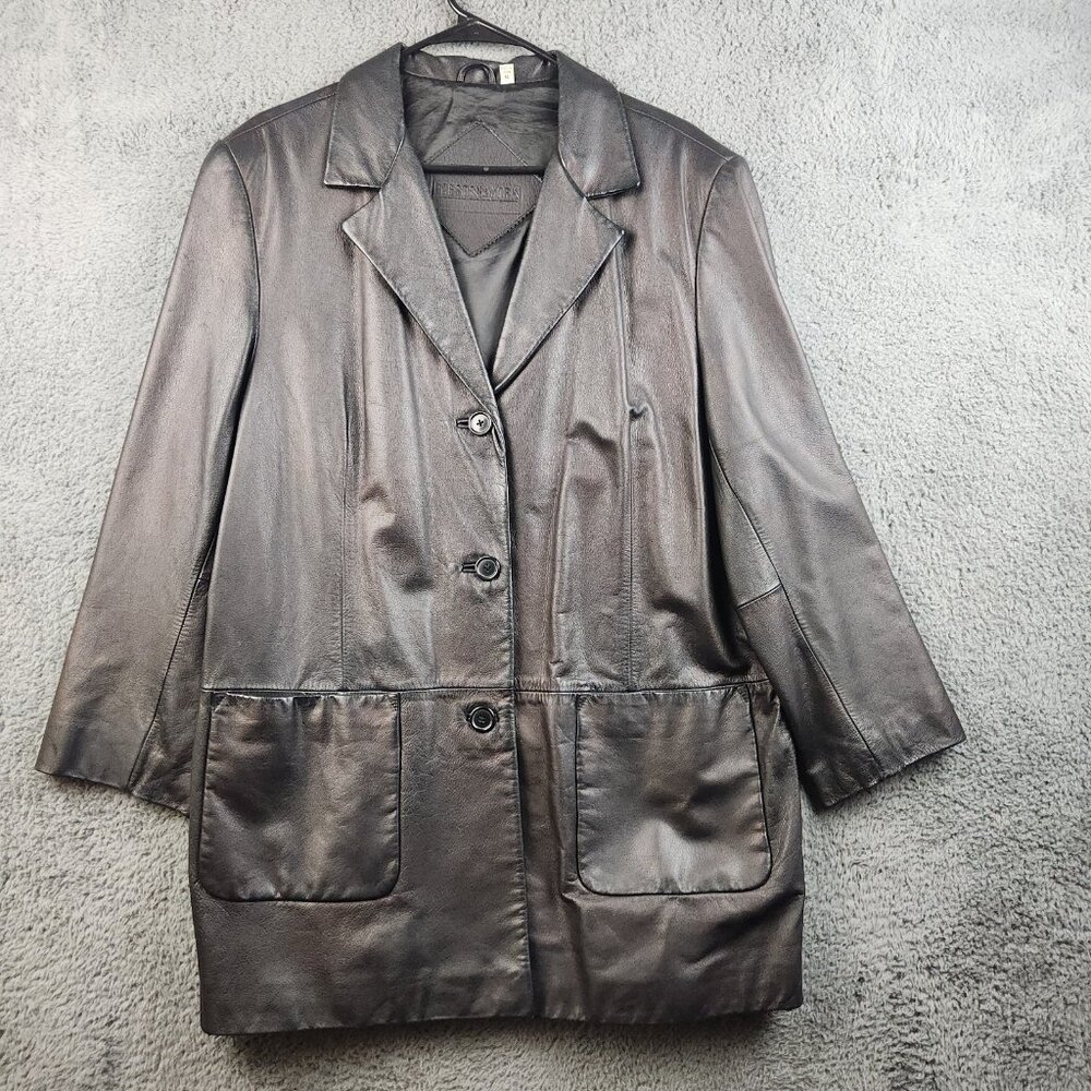 Women’s Genuine Black Soft Leather Jacket Extra Large Lined Button Down Overcoat